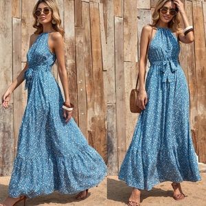 Boho floral print halter maxi dress